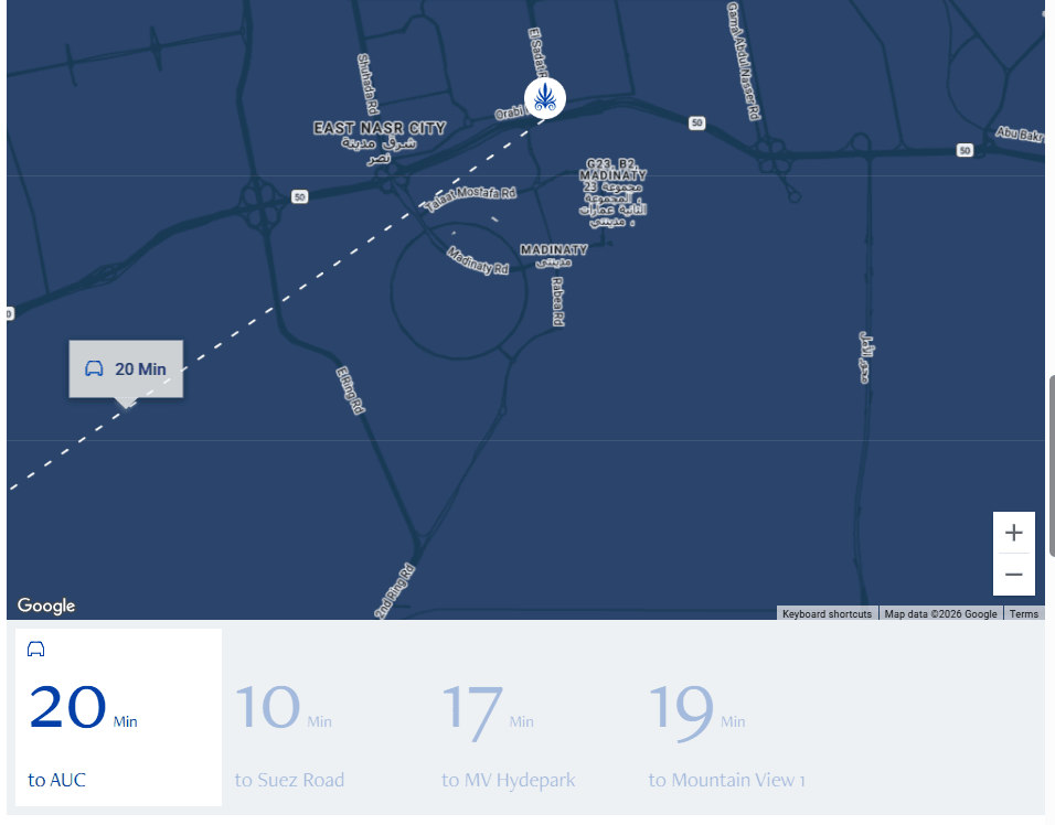 خريطة موقع أليڤا في شرق مدينة نصر وأوقات الوصول التقريبية